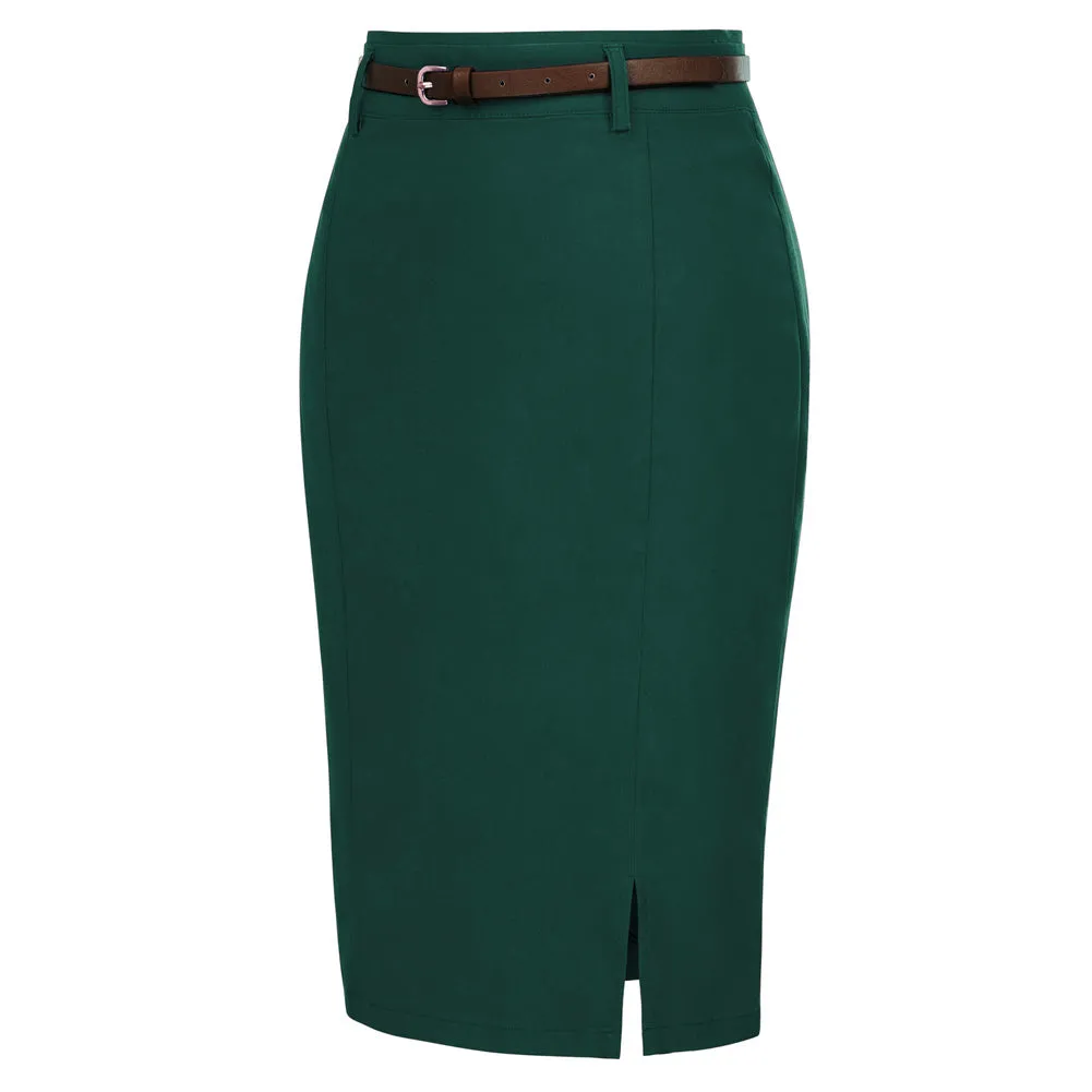 Solid Color Slim Belt Bodycon Pencil SkirtKnee Length Skirt