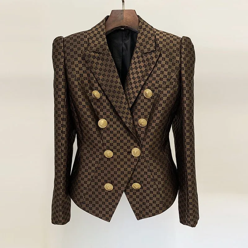 Sophisticated Geometric Jacquard Double Breasted Blazer for Modern Office Elegance