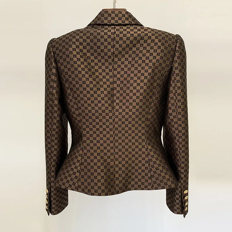 Sophisticated Geometric Jacquard Double Breasted Blazer for Modern Office Elegance