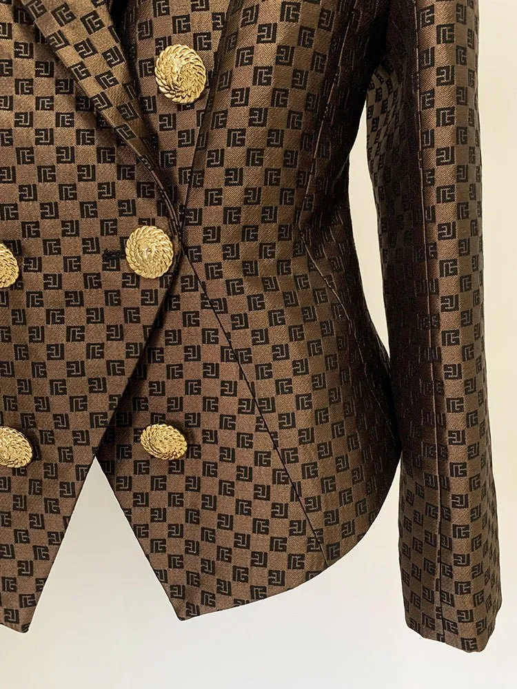 Sophisticated Geometric Jacquard Double Breasted Blazer for Modern Office Elegance