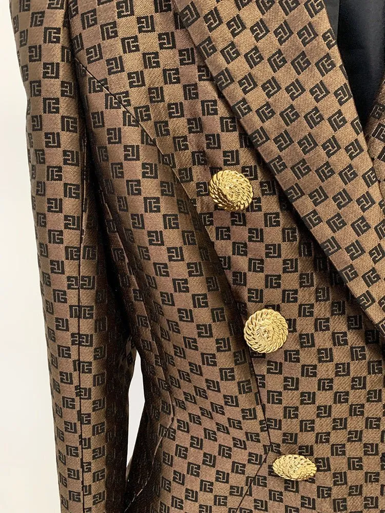 Sophisticated Geometric Jacquard Double Breasted Blazer for Modern Office Elegance