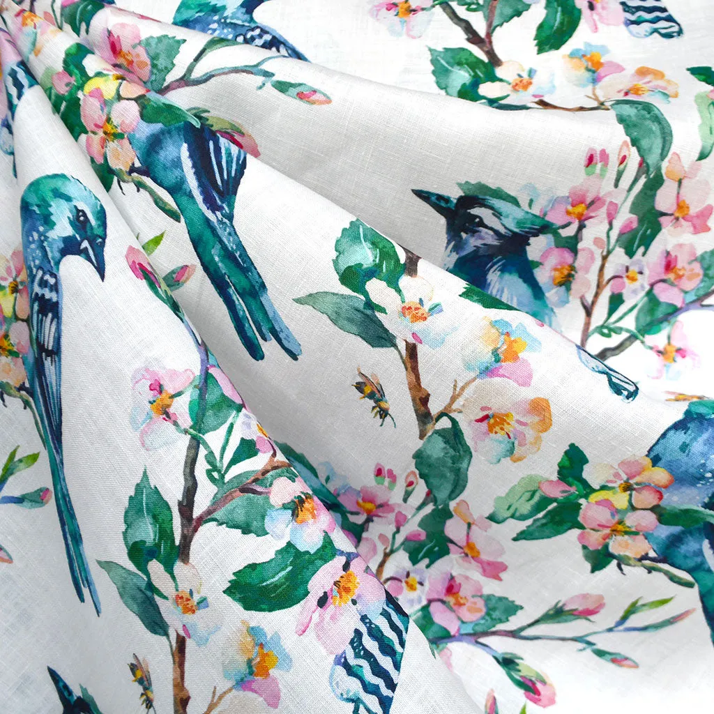 Spring Watercolor Birds Digital Print Linen Shirting Multi