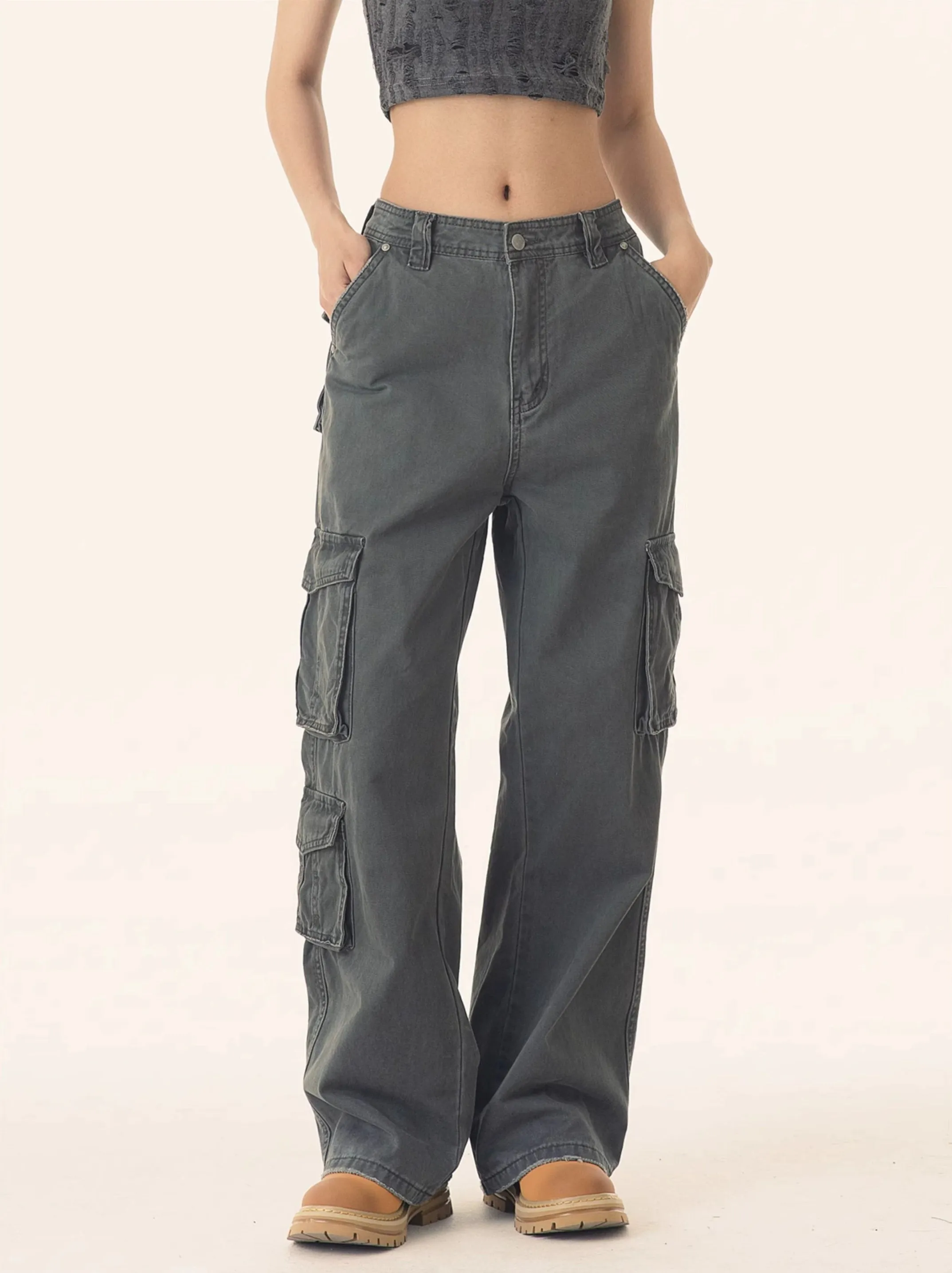 Straight Leg Utility Cargo Pants with Multiple Flap Pockets