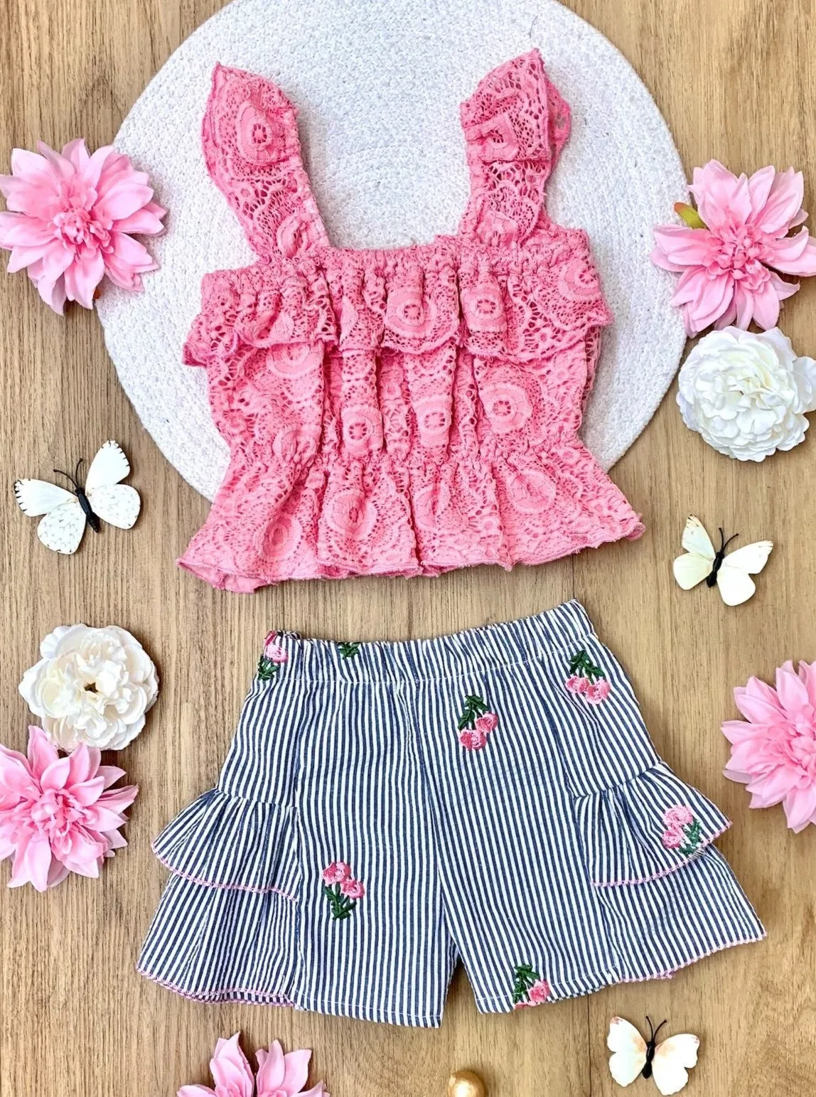 Striped Delight Lace Top and Ruffle Short Set