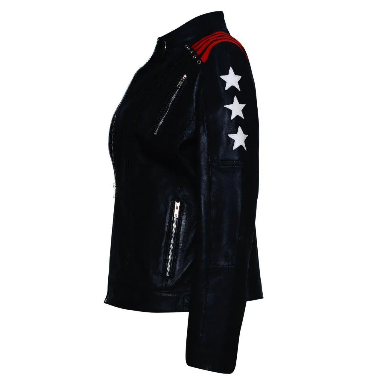 Stylish Black Leather Jacket with Red Stripes and Stars for Women - Women Leather Jacket