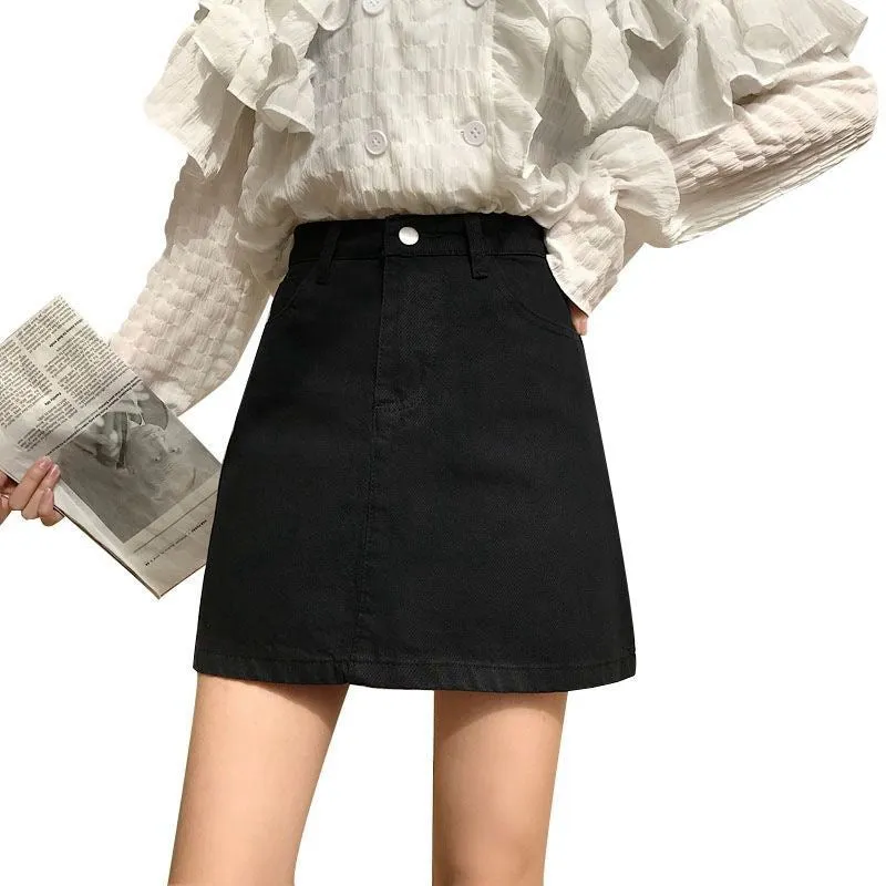 Summer Korean High Waist A-Line Denim Short Women Student Casual Hip Flattering Skirt INS Skirt