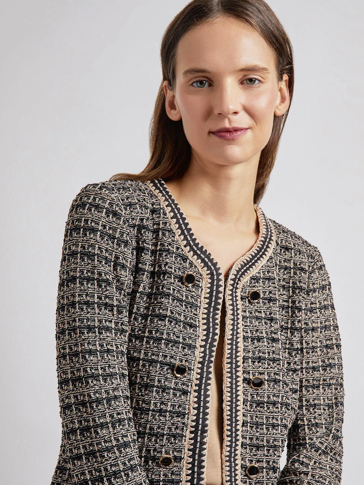 Tailored Fit Contrast Trim Tweed Knit Jacket