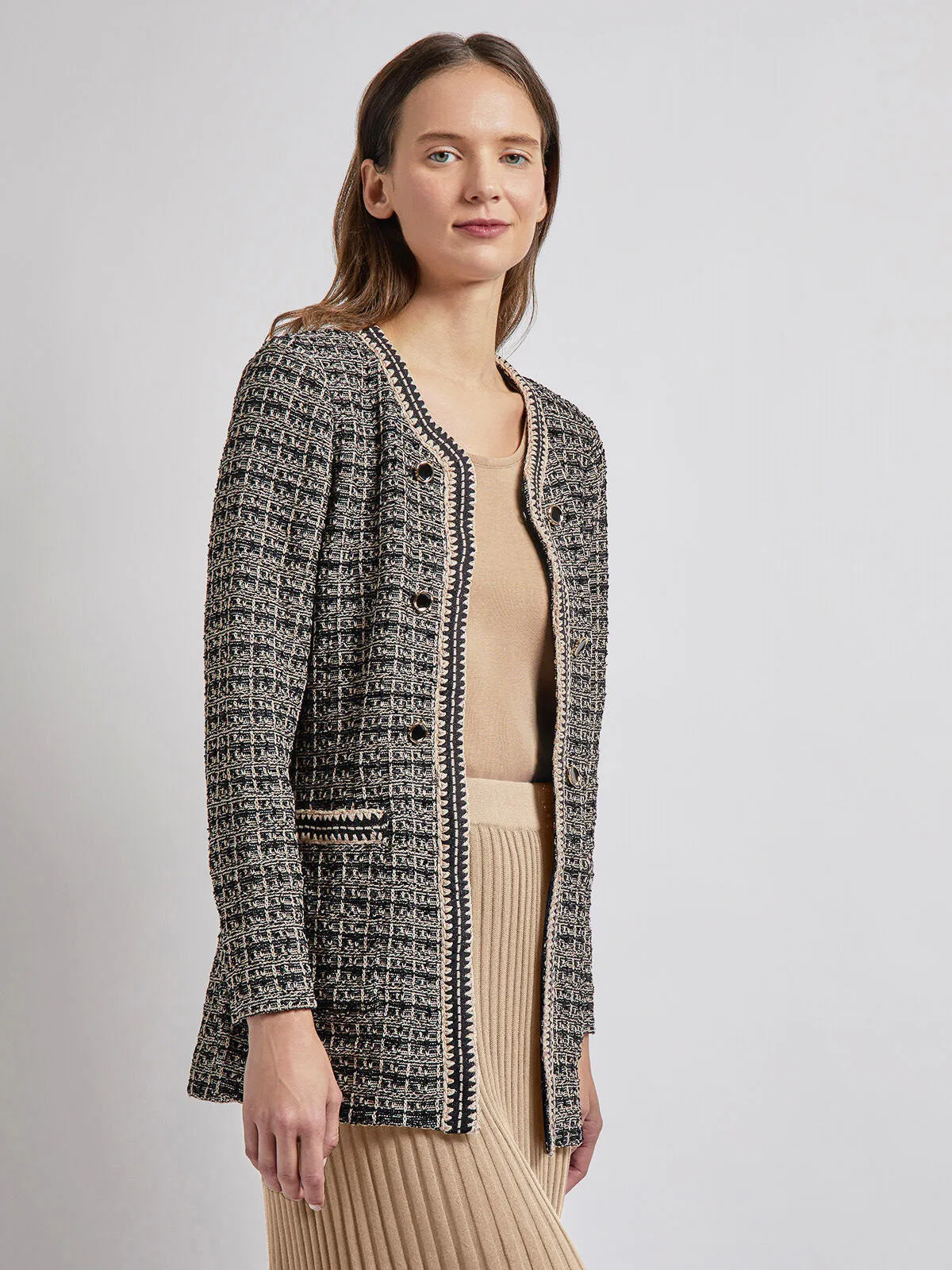 Tailored Fit Contrast Trim Tweed Knit Jacket