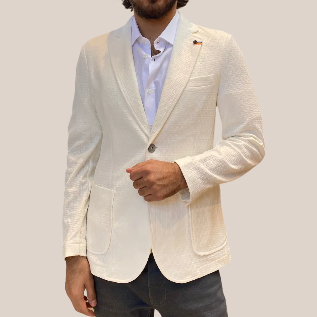 Textured Patch Pocket Jersey Knit Blazer - White