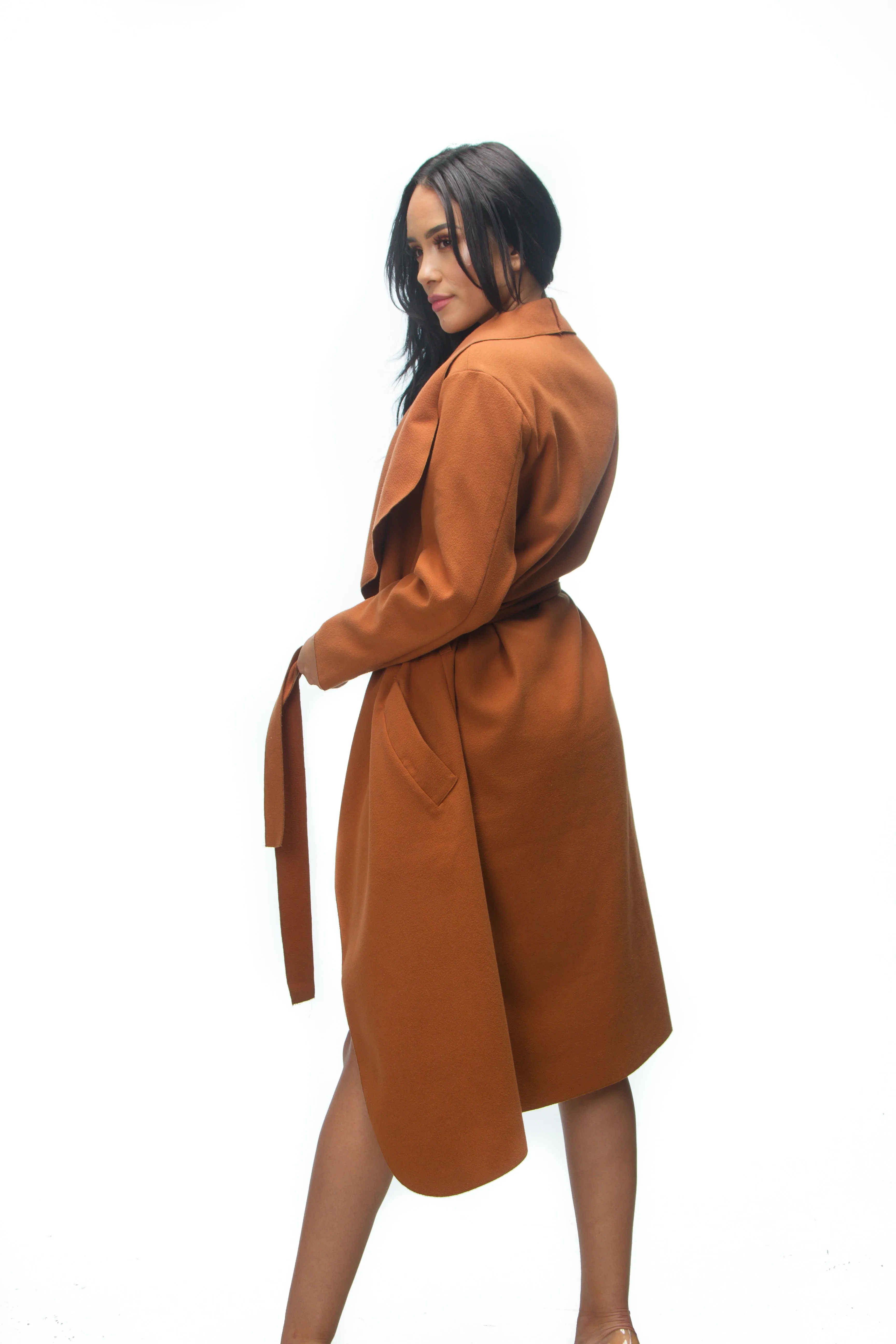 THE MYSTYLEMODE RUST CASCADING FRONT LONG TRENCH COAT