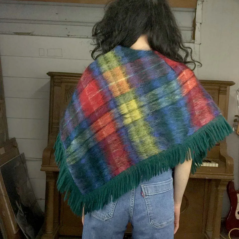 Vintage 70s | Plaid Wool Poncho Bohemian Cape with Fringe | Free Size