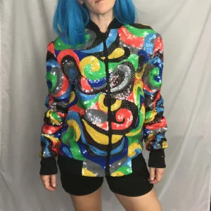 VTG 80s 90s Fully Sequined Beaded Silk Wild Abstract Colorful Bomber Jacket | S