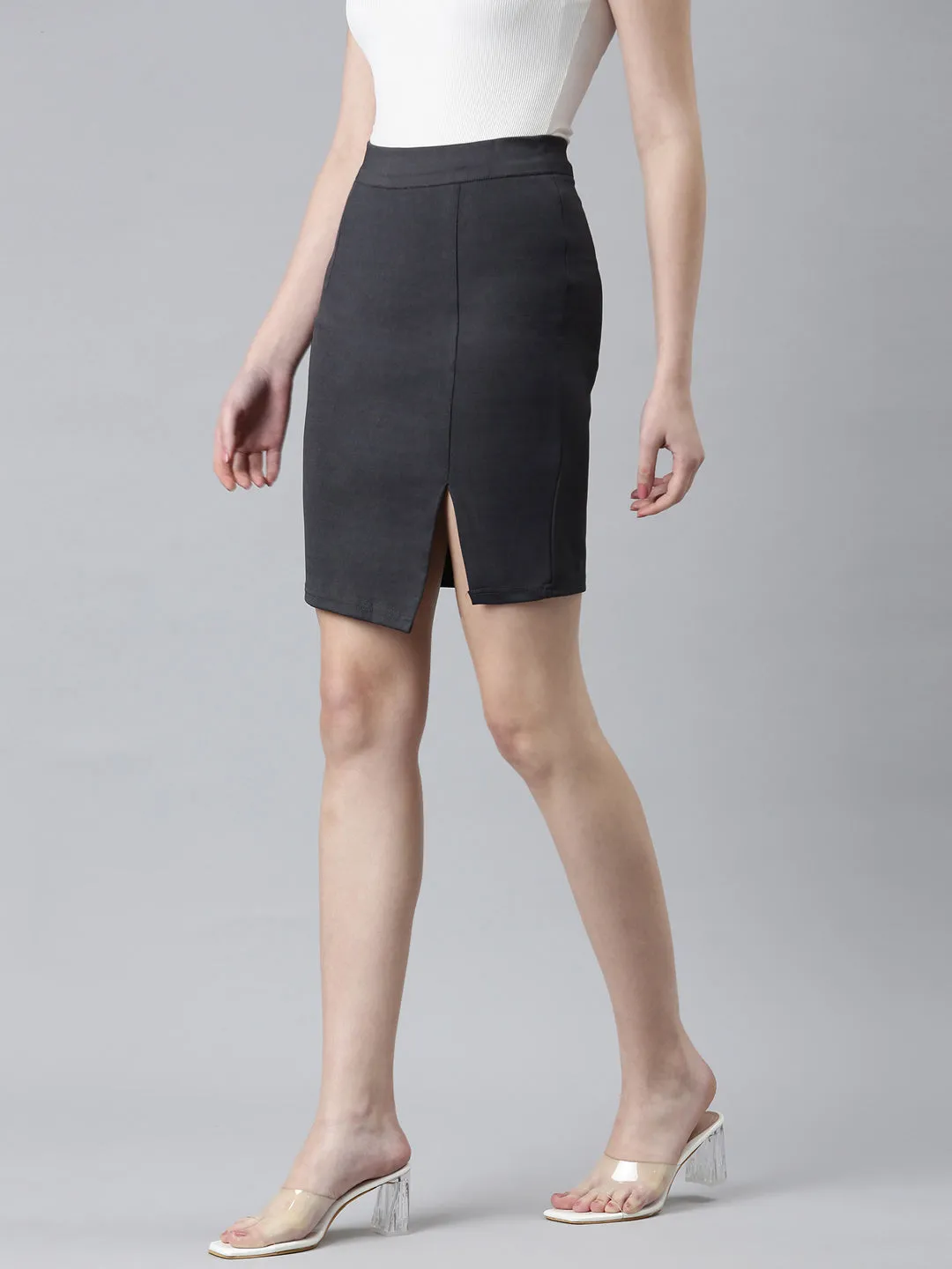 Women Grey Solid Pencil Skirt