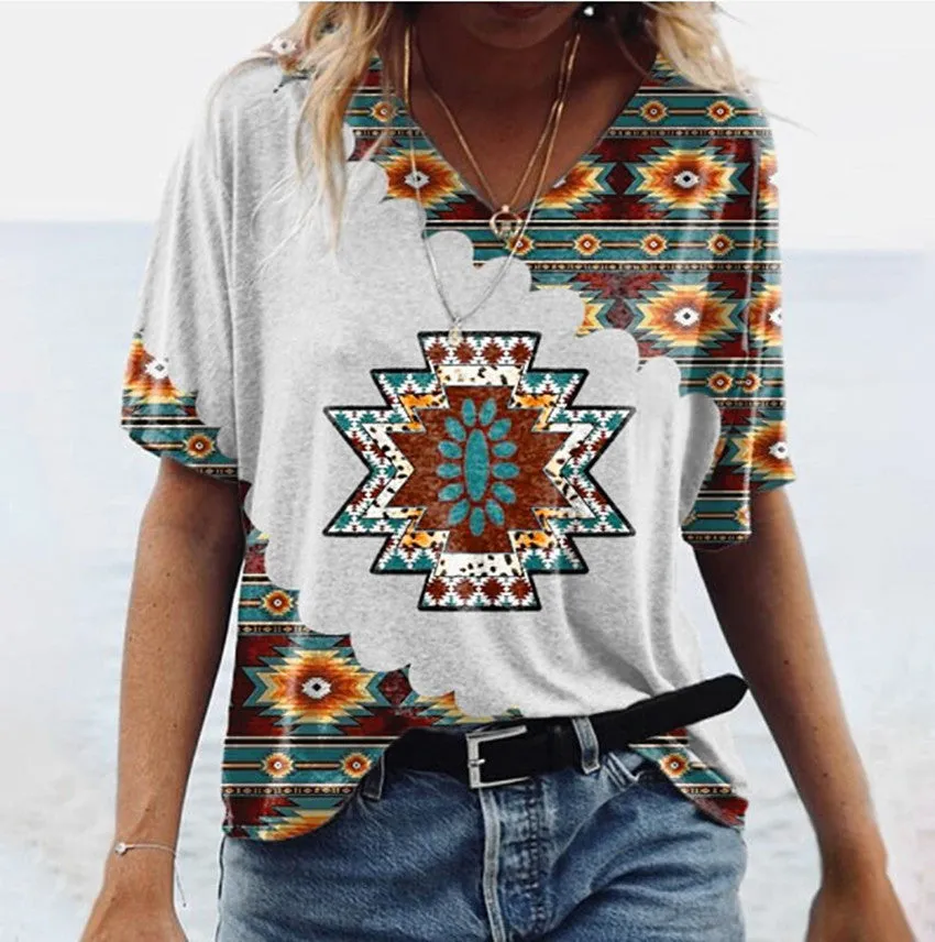 Women Top Wholesale Vintage Geometric Bohemian Style V-Neck T-Shirt