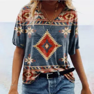 Women Top Wholesale Vintage Geometric Bohemian Style V-Neck T-Shirt