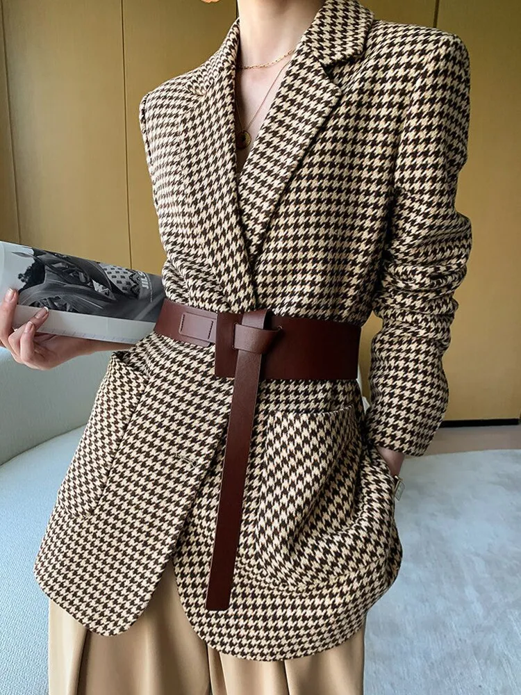 Women Vintage Houndstooth Woolen Blazer Jackets Fashion Elegant Casual Outerwear Coat With Belt