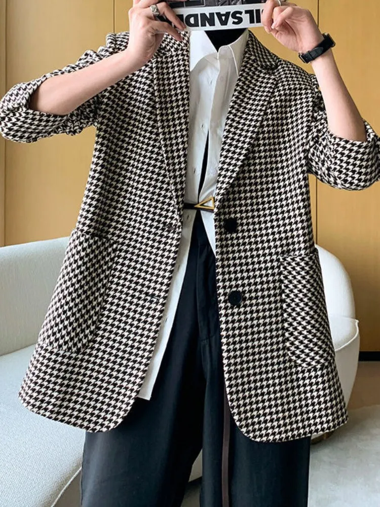 Women Vintage Houndstooth Woolen Blazer Jackets Fashion Elegant Casual Outerwear Coat With Belt