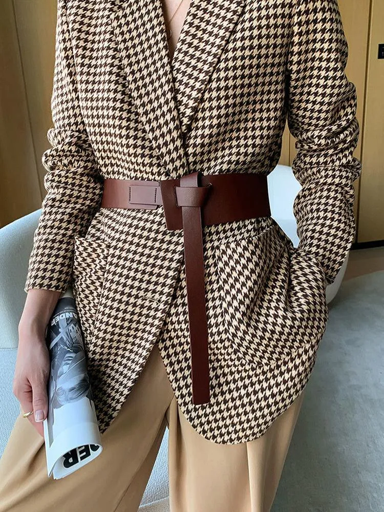 Women Vintage Houndstooth Woolen Blazer Jackets Fashion Elegant Casual Outerwear Coat With Belt