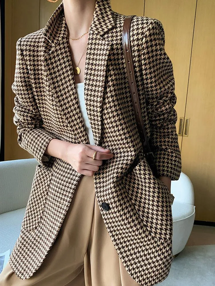 Women Vintage Houndstooth Woolen Blazer Jackets Fashion Elegant Casual Outerwear Coat With Belt