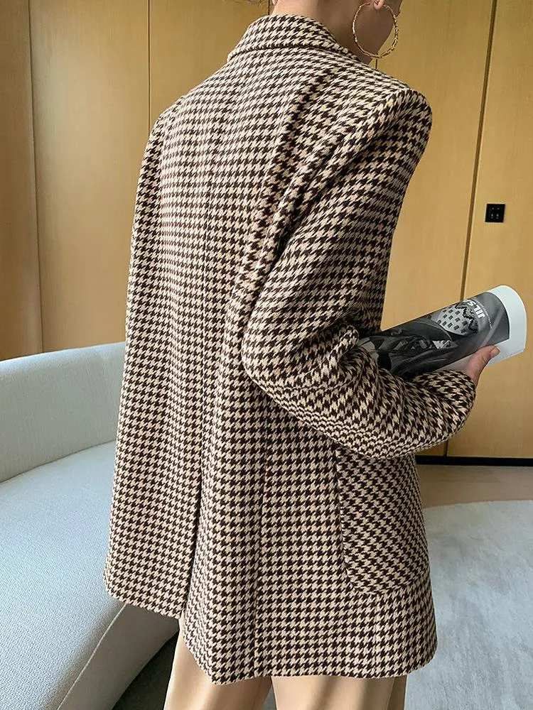 Women Vintage Houndstooth Woolen Blazer Jackets Fashion Elegant Casual Outerwear Coat With Belt