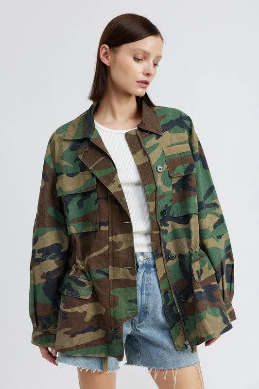 Womens Camo Oversized Zipper Front Jacket