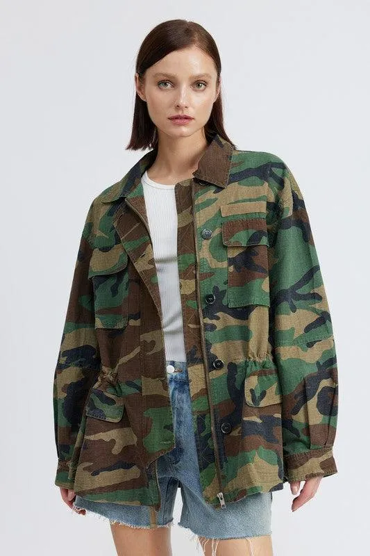 Womens Camo Oversized Zipper Front Jacket