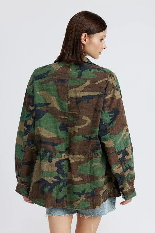 Womens Camo Oversized Zipper Front Jacket