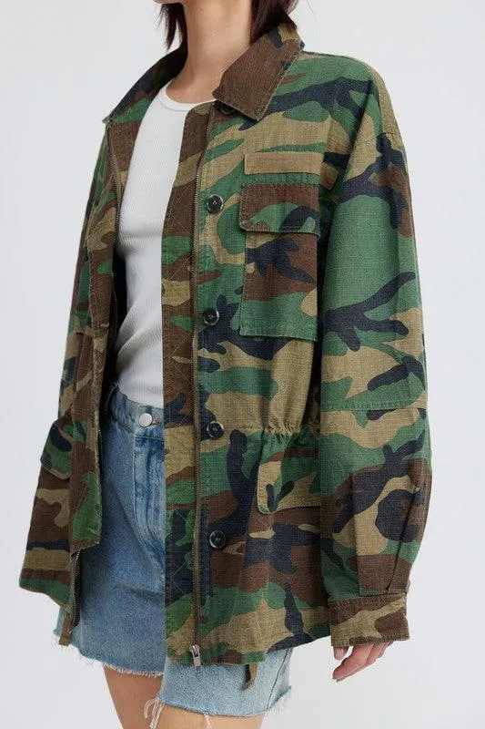 Womens Camo Oversized Zipper Front Jacket