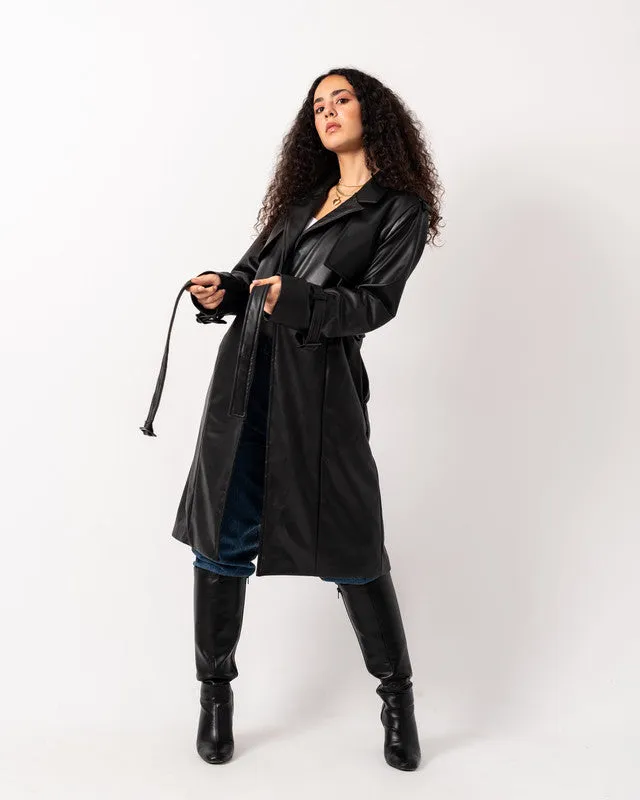 Women's Pure Leather Double Way Coat - Black, Stylish & Versatile Jacket, Made in Egypt