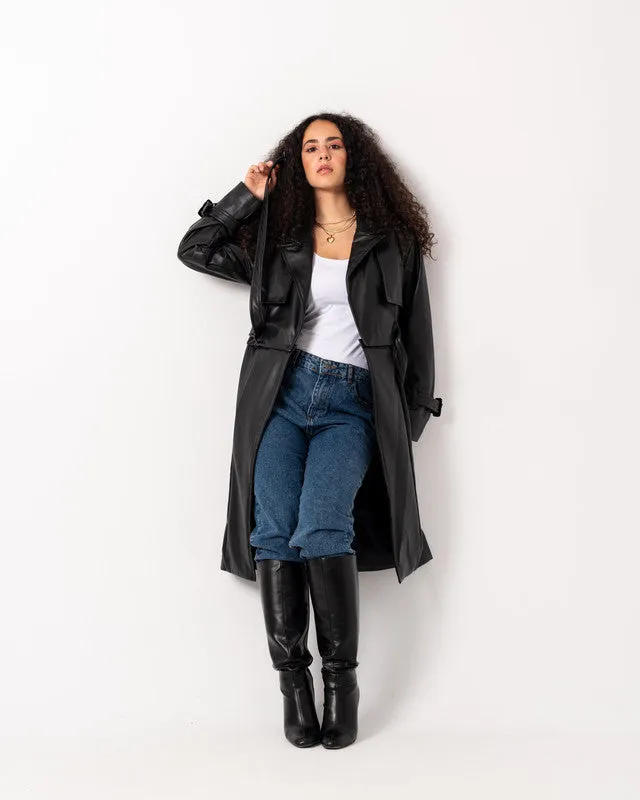 Women's Pure Leather Double Way Coat - Black, Stylish & Versatile Jacket, Made in Egypt