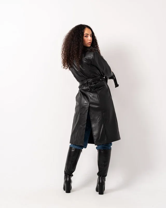 Women's Pure Leather Double Way Coat - Black, Stylish & Versatile Jacket, Made in Egypt