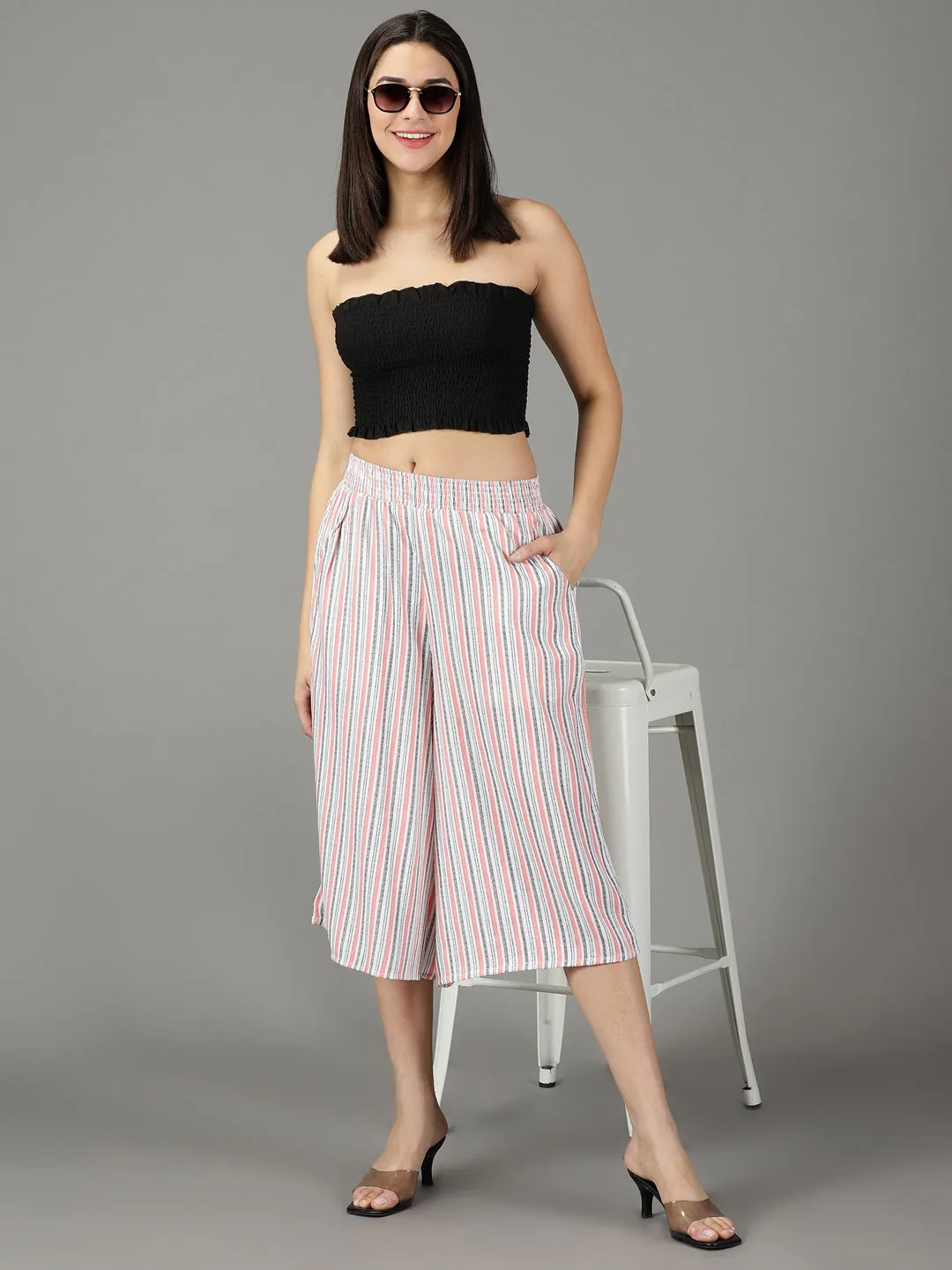 Women's White Striped Culottes