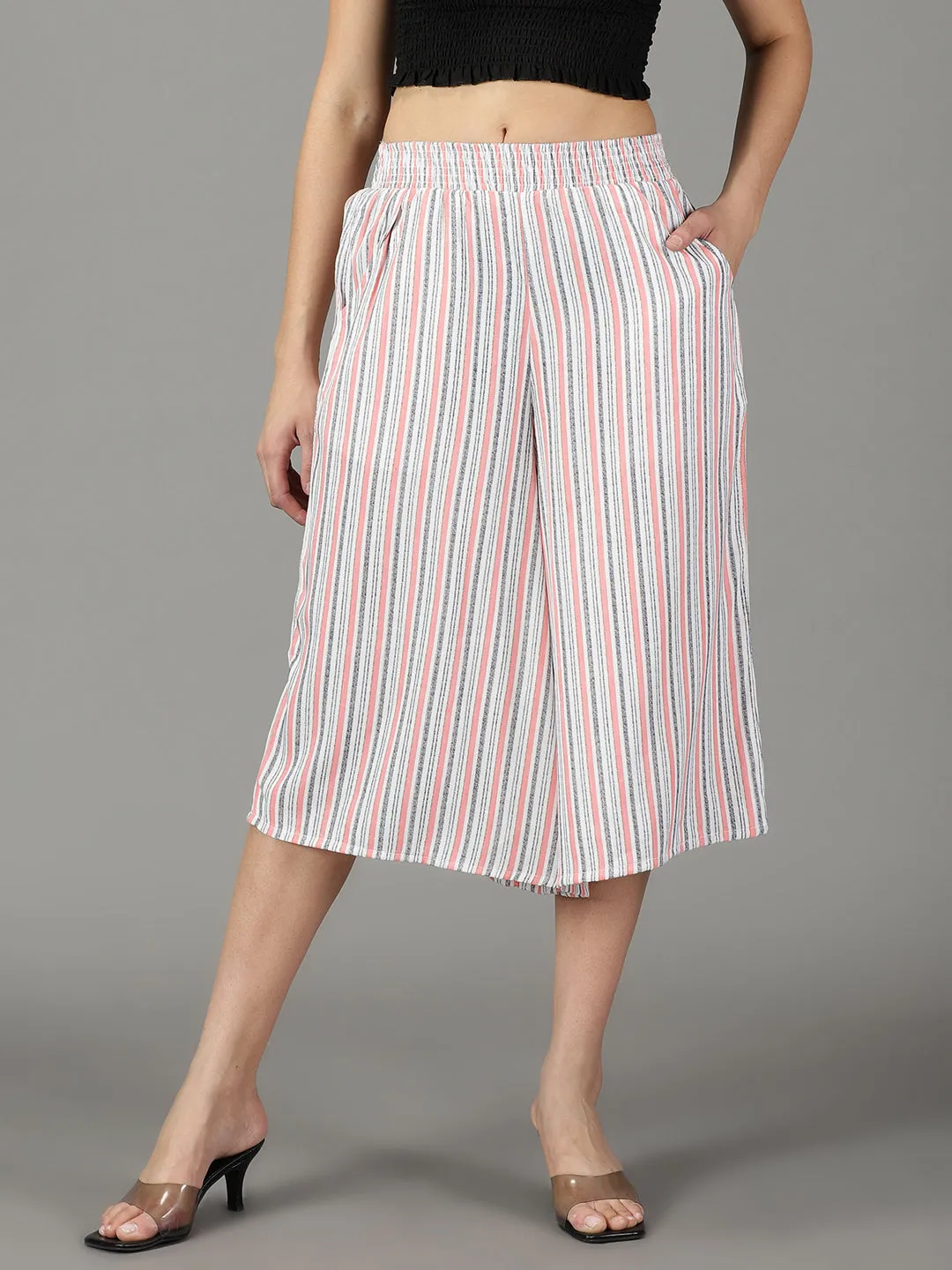 Women's White Striped Culottes