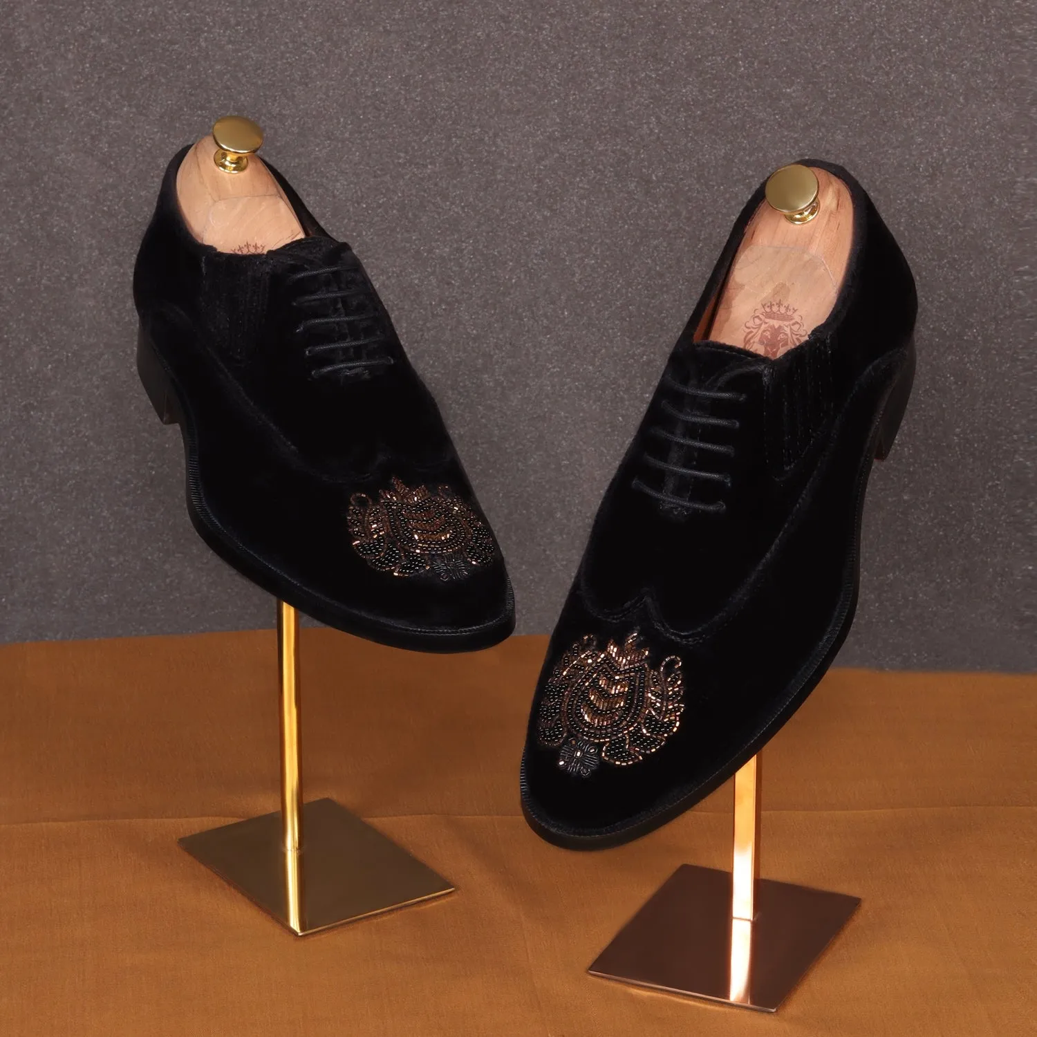 Zardosi Wingtip Black Velvet Formal Shoes by Brune & Bareskin