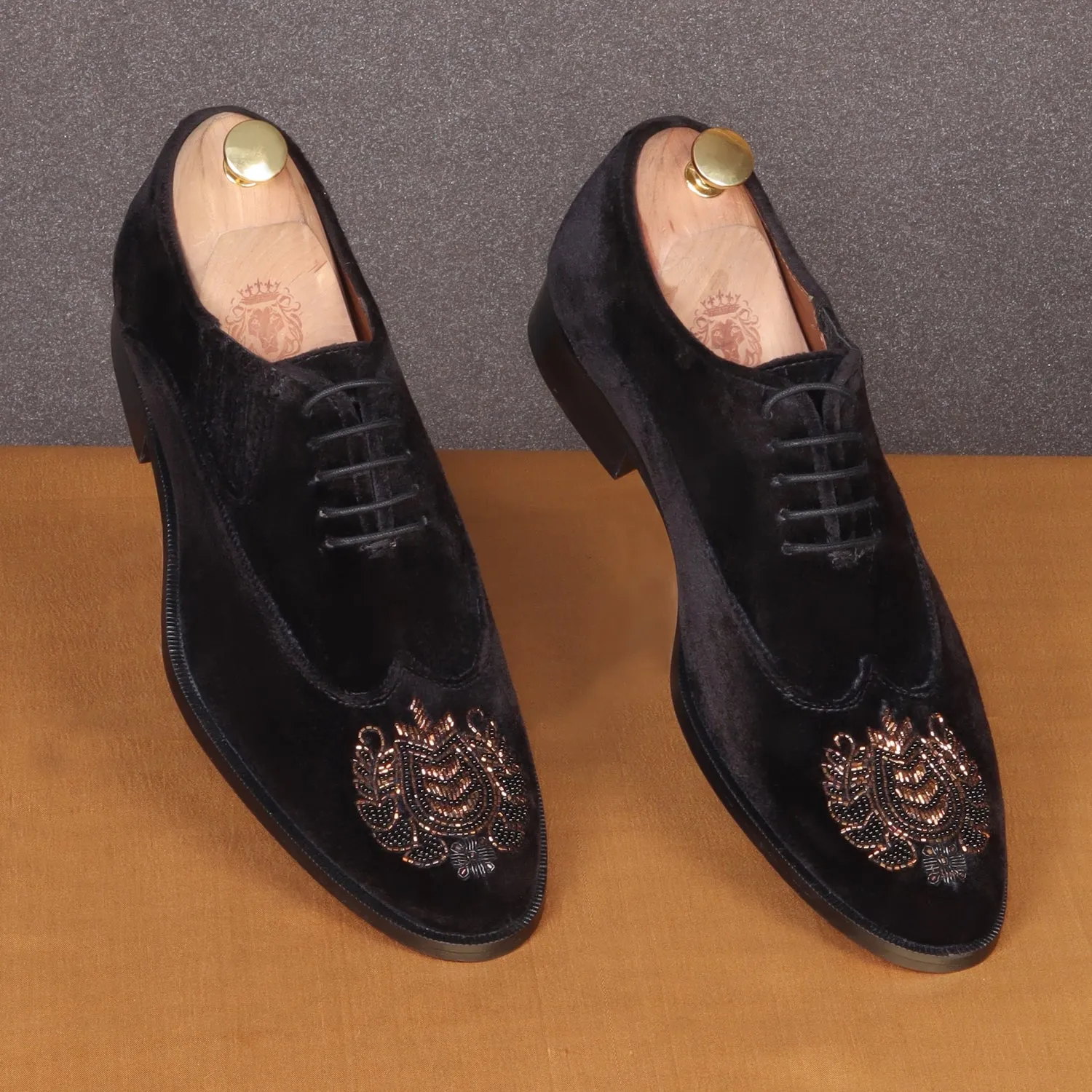 Zardosi Wingtip Black Velvet Formal Shoes by Brune & Bareskin