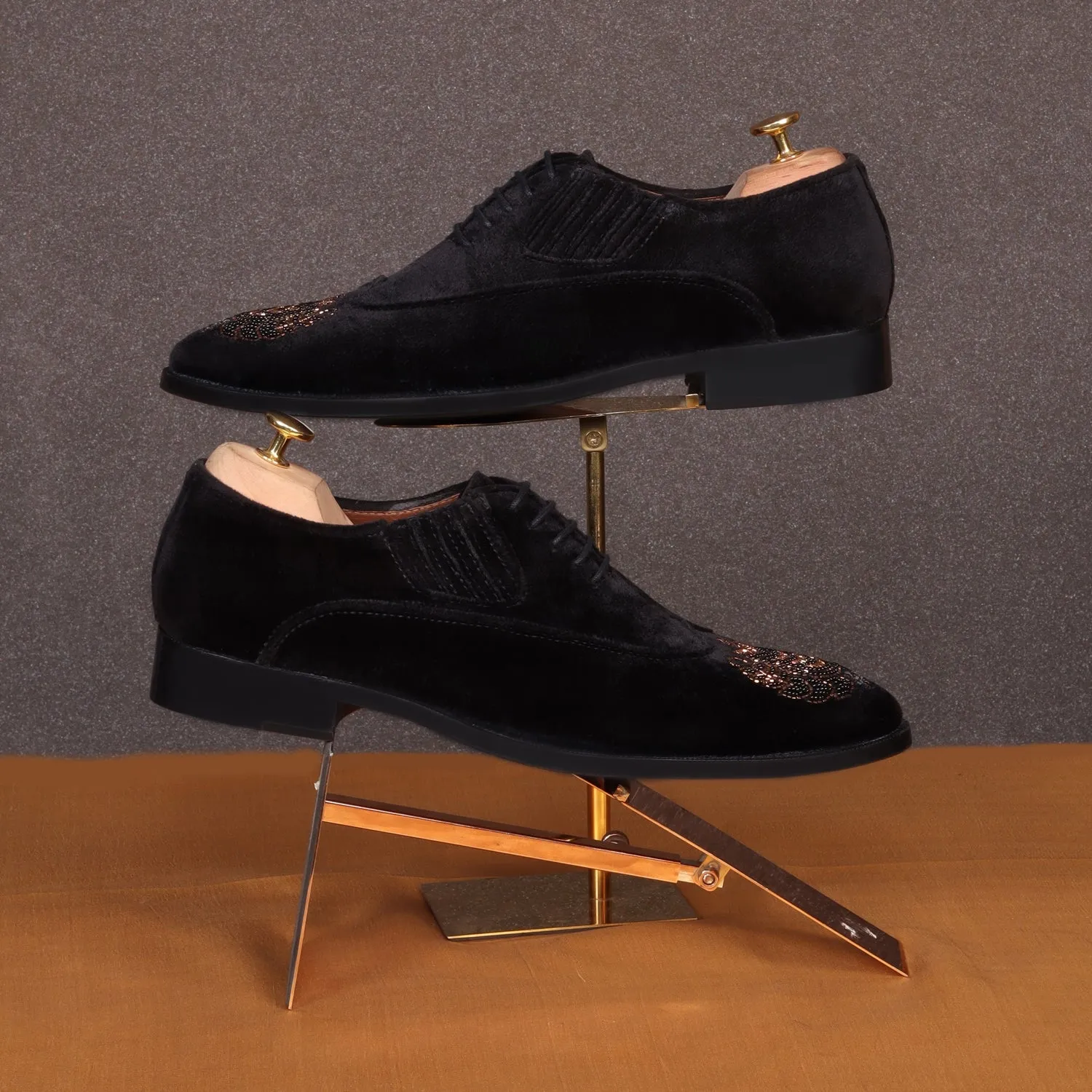 Zardosi Wingtip Black Velvet Formal Shoes by Brune & Bareskin