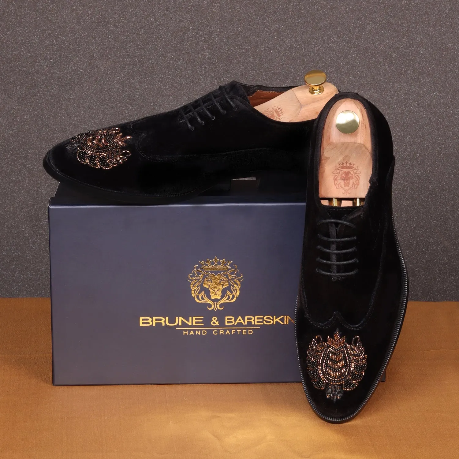 Zardosi Wingtip Black Velvet Formal Shoes by Brune & Bareskin