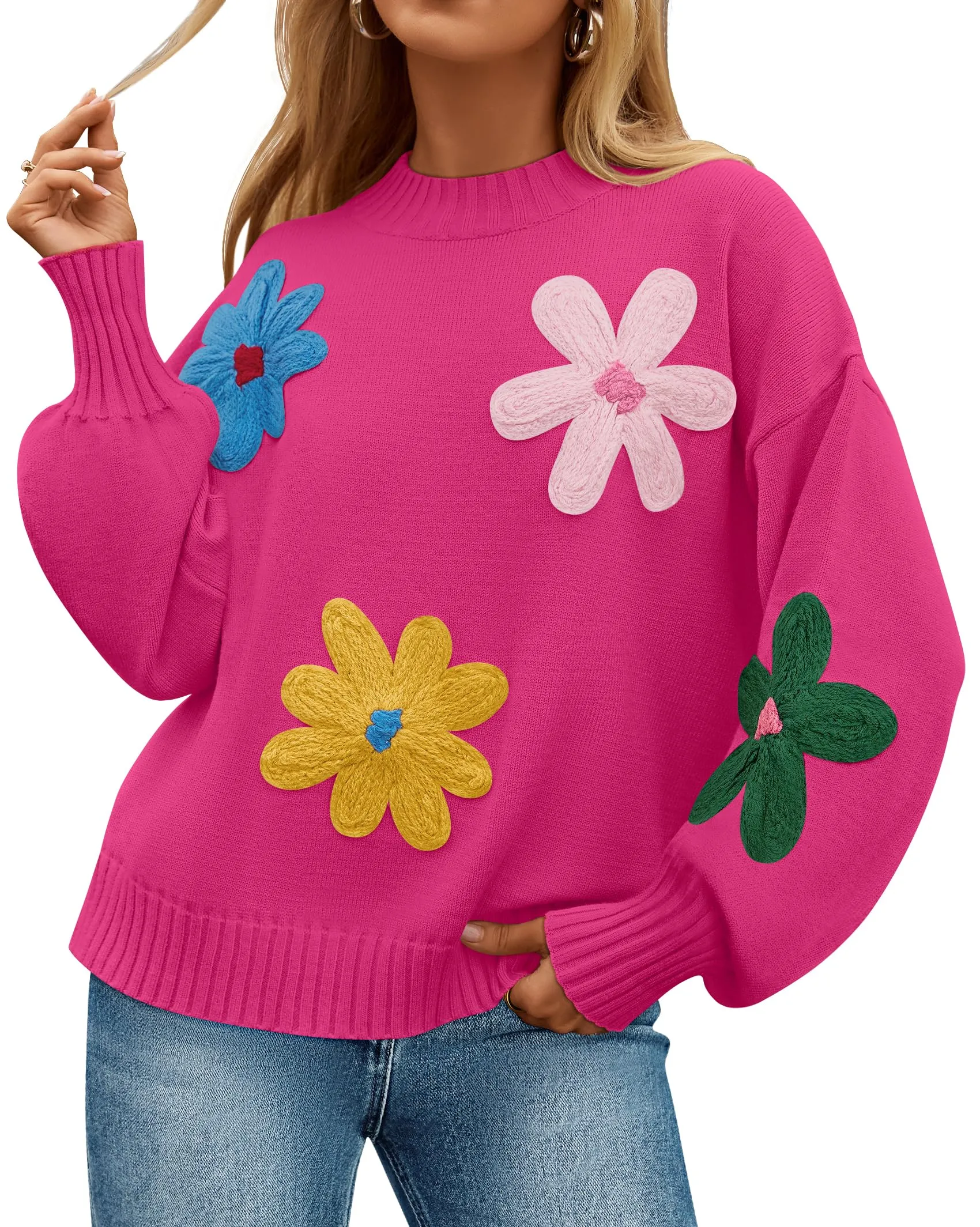 ZESICA Crewneck Ribbed Knit Flower Color Block Loose Pullover Tops