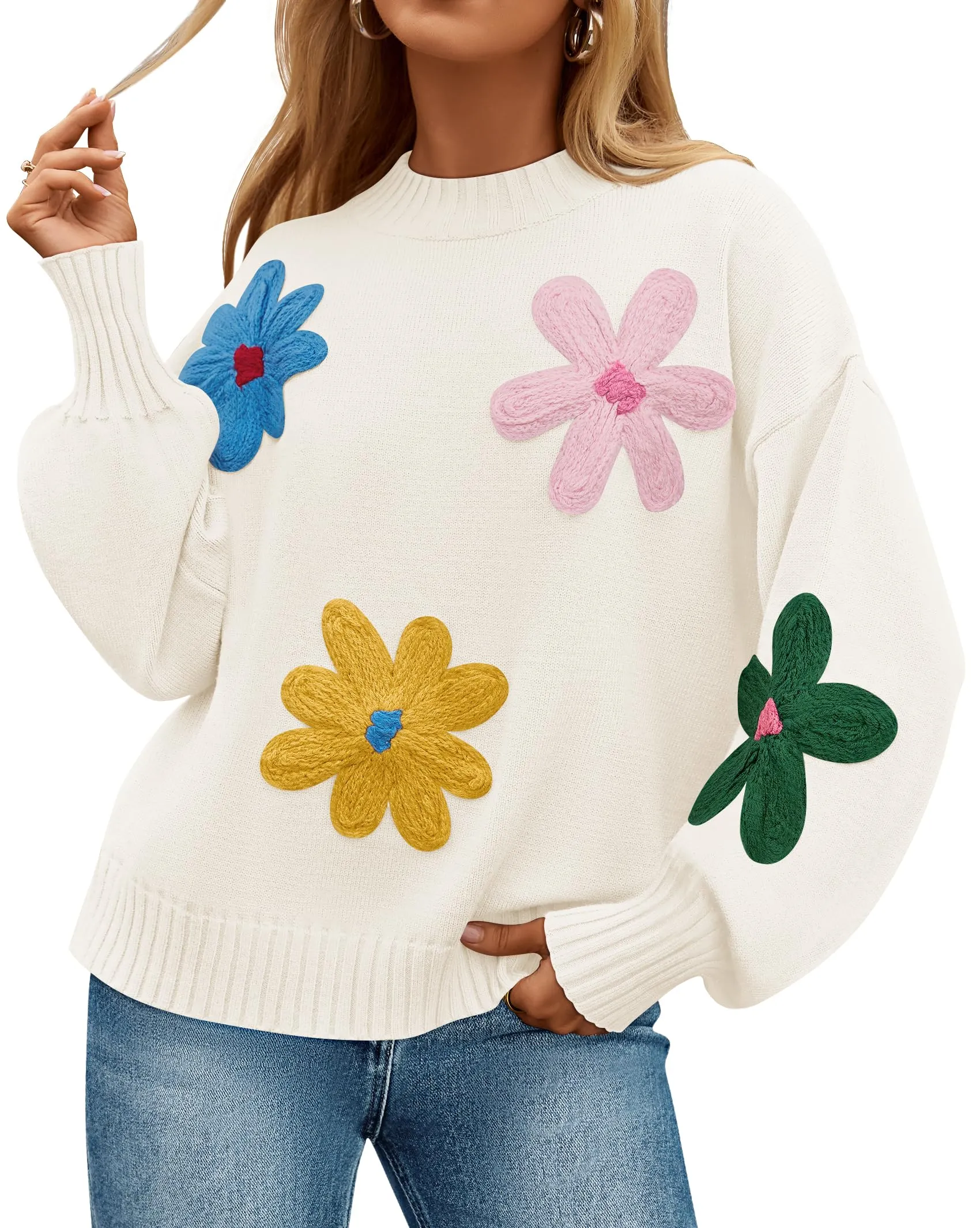 ZESICA Crewneck Ribbed Knit Flower Color Block Loose Pullover Tops