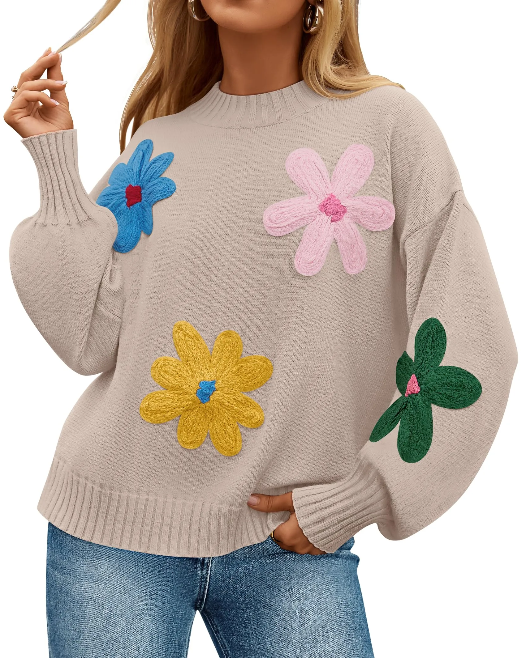 ZESICA Crewneck Ribbed Knit Flower Color Block Loose Pullover Tops